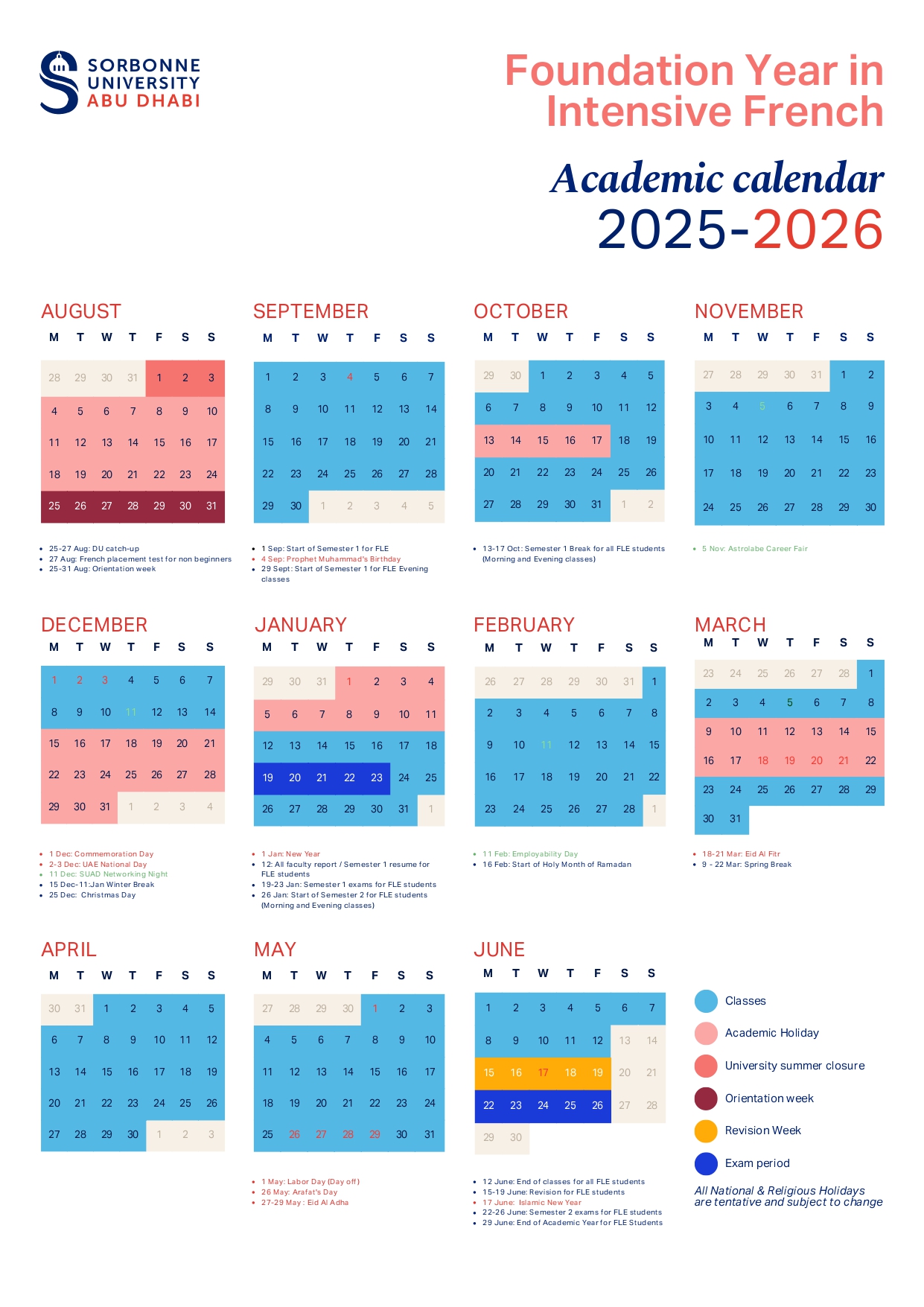FLE academic calendar 2025/2026