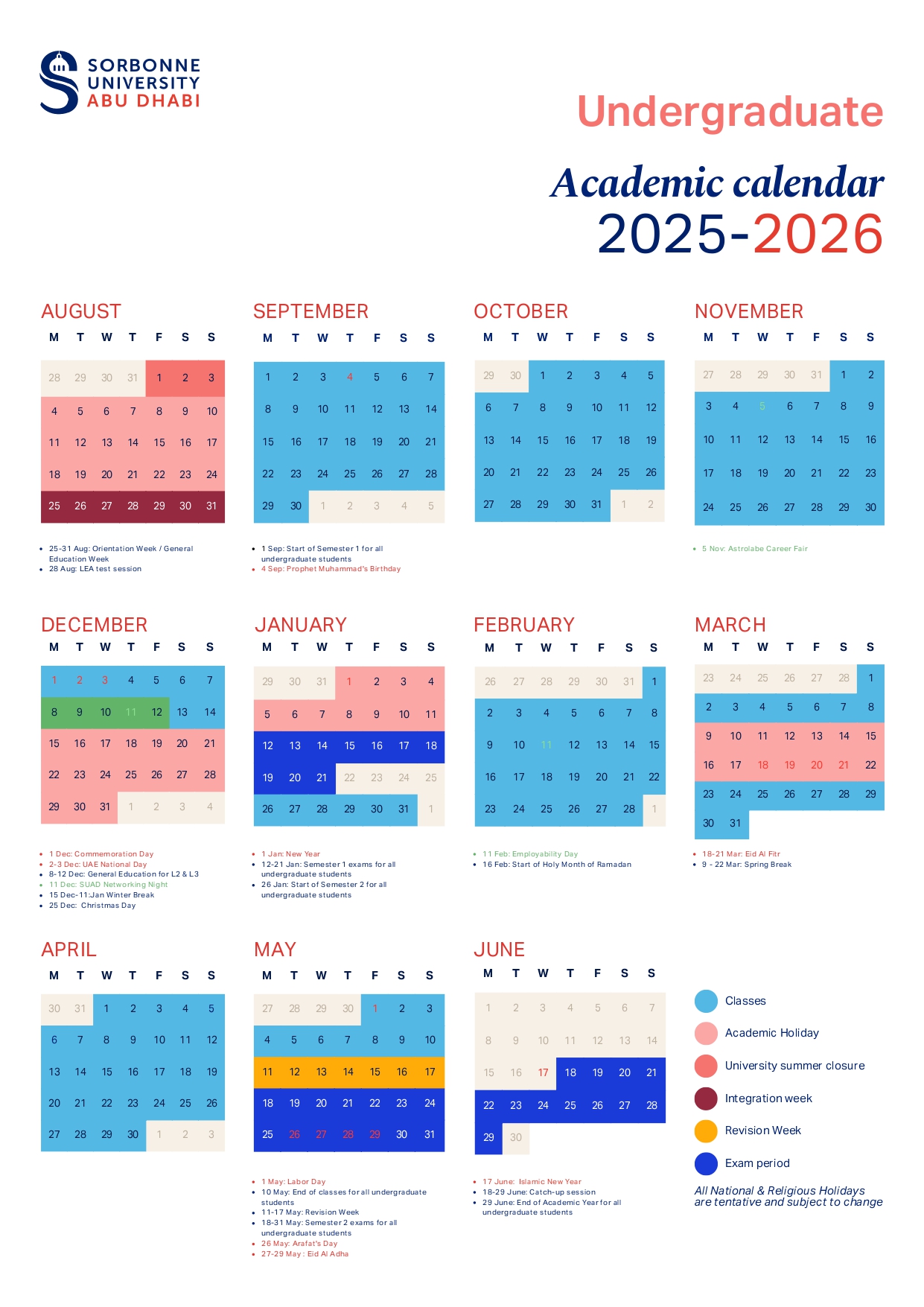 Undergraduate academic calendar 2025/2026